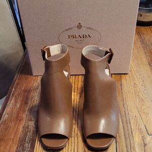 Prada Women's Tan Leather Open-Toe Heels